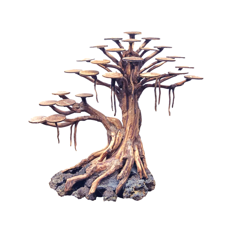 Das Bild zeigt einen Bonsai . Die Plattformen, die bepflanzt werden können sind breit und flach und ähneln eher kleinen Tellern . Diese können bepflanzt werden