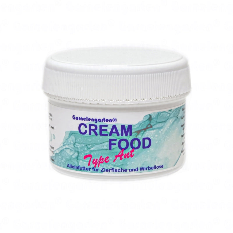 Weiße Plastikdose mit türkisfarbenem Deckel. Beschriftung: Garnelengarten® Cream Food Type Ant. Alleinfutter für Zierfische und Wirbellose.