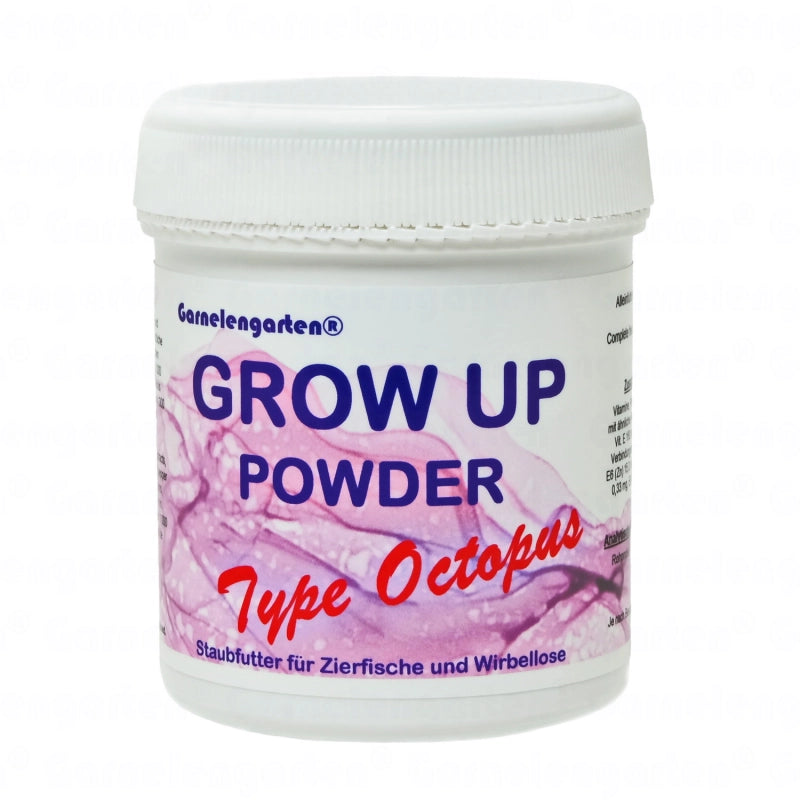 eiße Plastikdose mit grünem Deckel. Beschriftung: Garnelengarten® Grow Up Powder Type Octopus. Staubfutter für Zierfische und Wirbellose.
