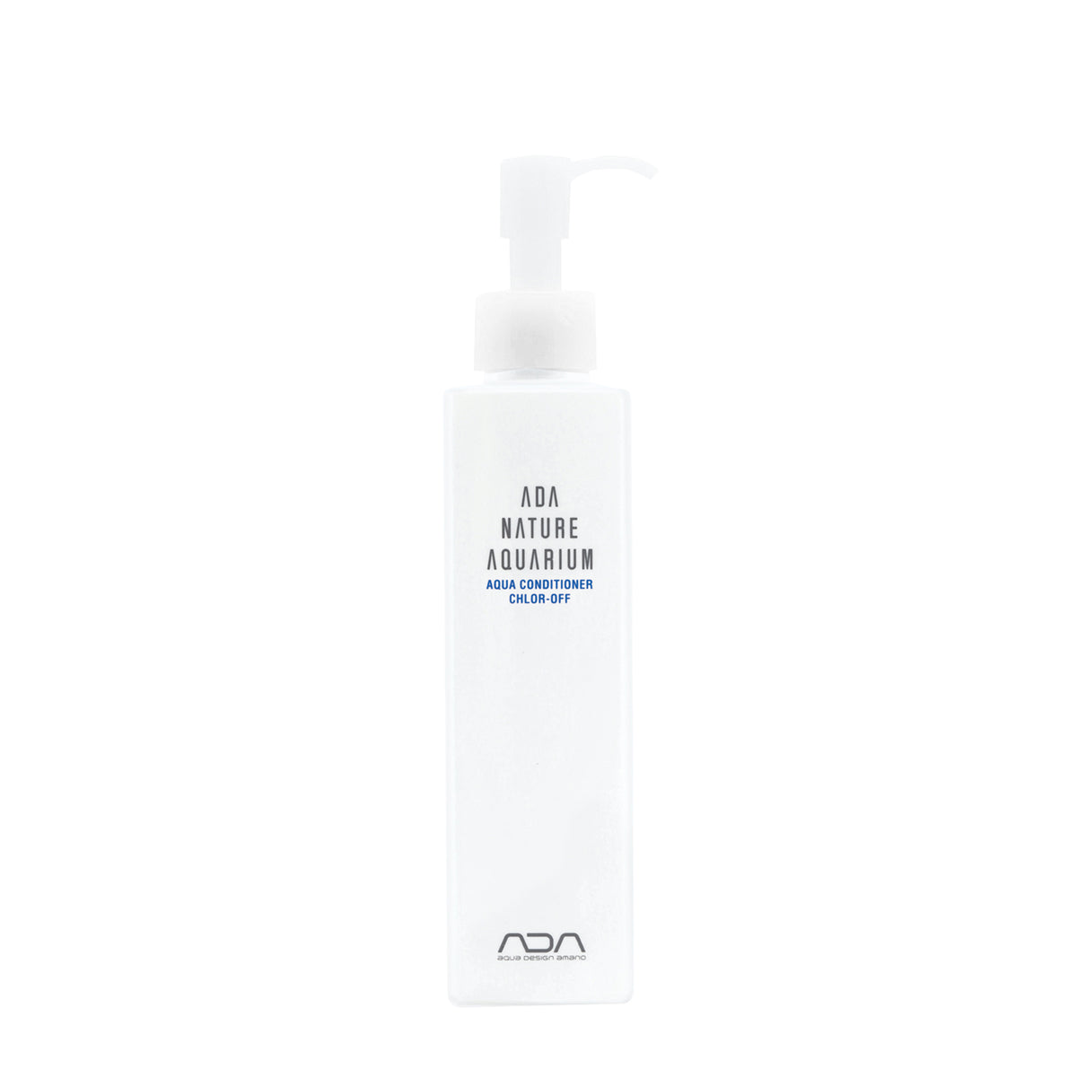 Weiße Flasche mit Pumpspender, beschriftet mit "ADA Nature Aquarium Aqua Conditioner Chlor-Off". Mittel zur Entfernung von Chlor aus Aquarienwasser.