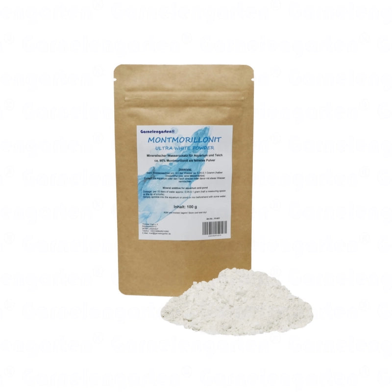 Braune Papiertüte mit weißem Montmorillonit-Pulver. Garnelengarten® Montmorillonit Ultra White Powder. Mineralstoff für Aquarien.